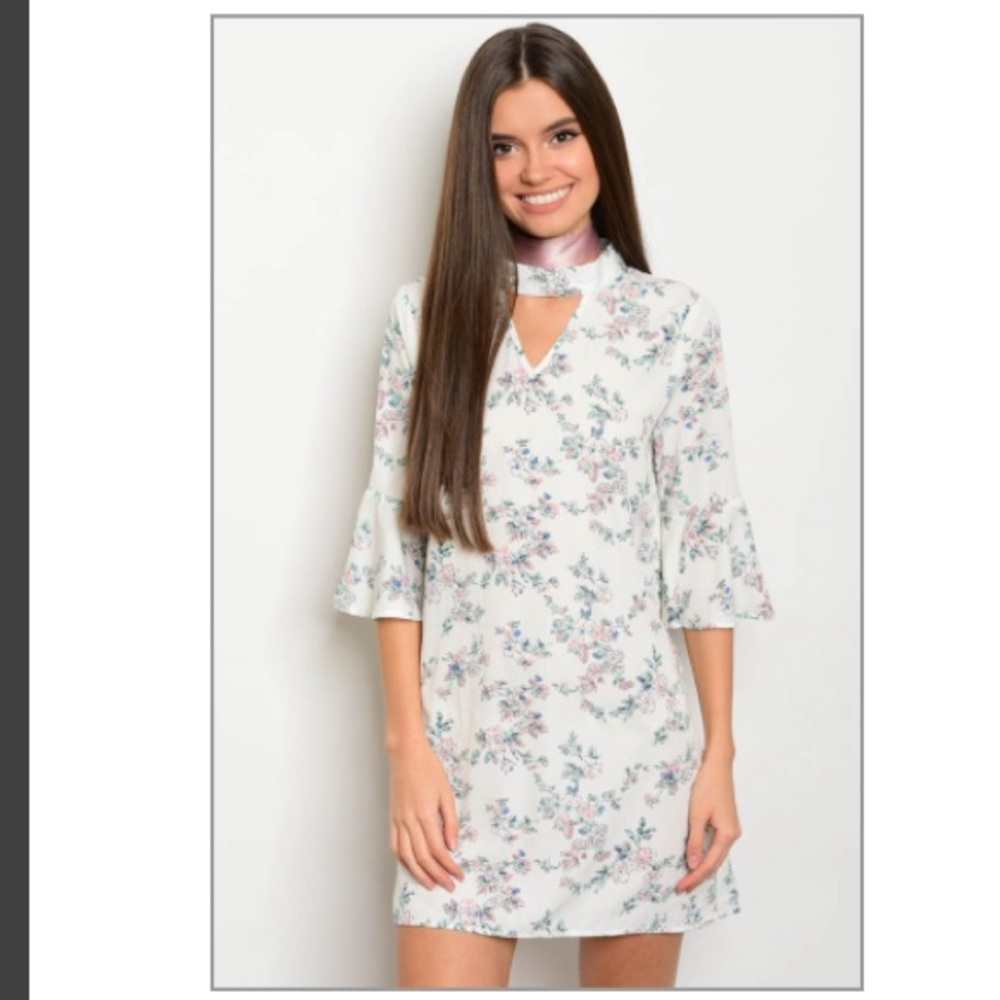 3/4 bell sleeve mock neck keyhole tunic dress.