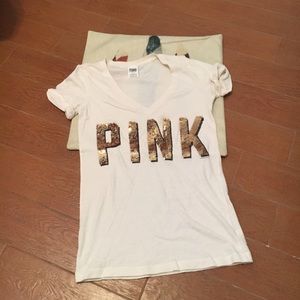 VS Pink T Shirt Sz M Gold Sequins