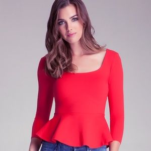 Bebe Red Long Sleeved Peplum Top