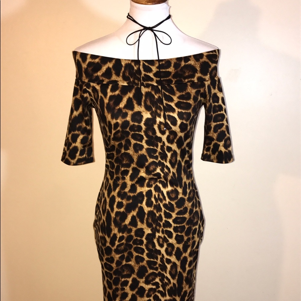 Kitty leopard print off shoulder sexy dress pinup - Picture 2 of 4