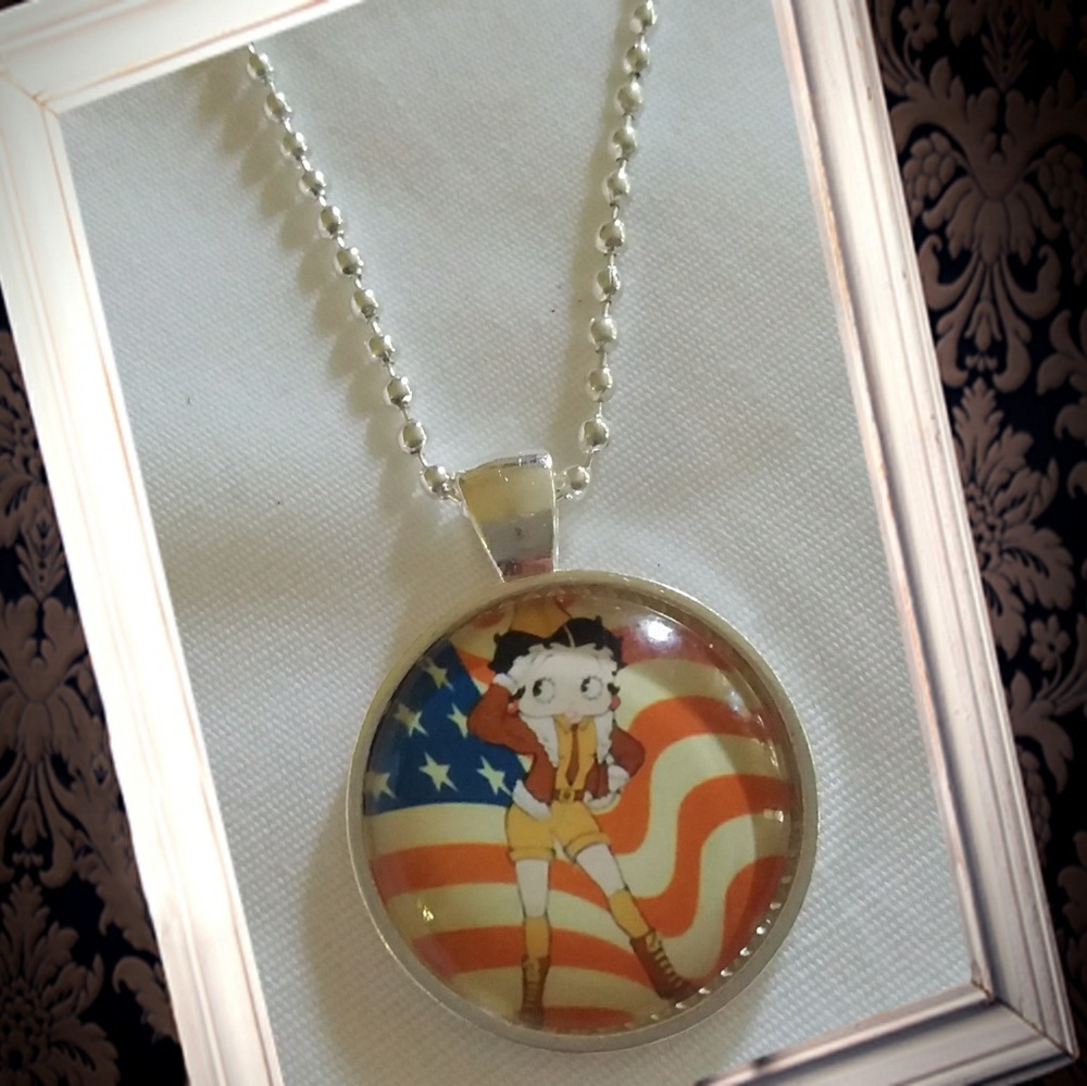 Betty boop glass cabochon ball chain necklace.