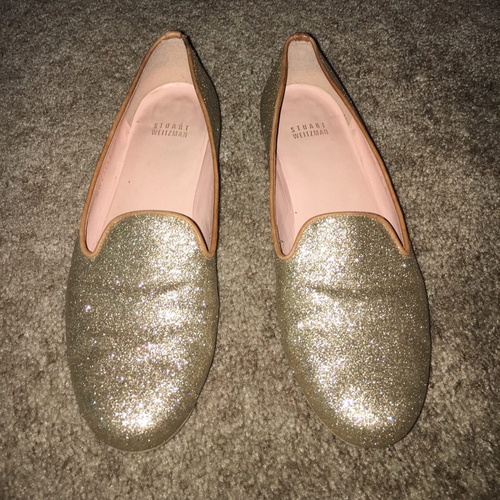 ✨ Stuart Weitzman Gold Glitter Smoking Flats