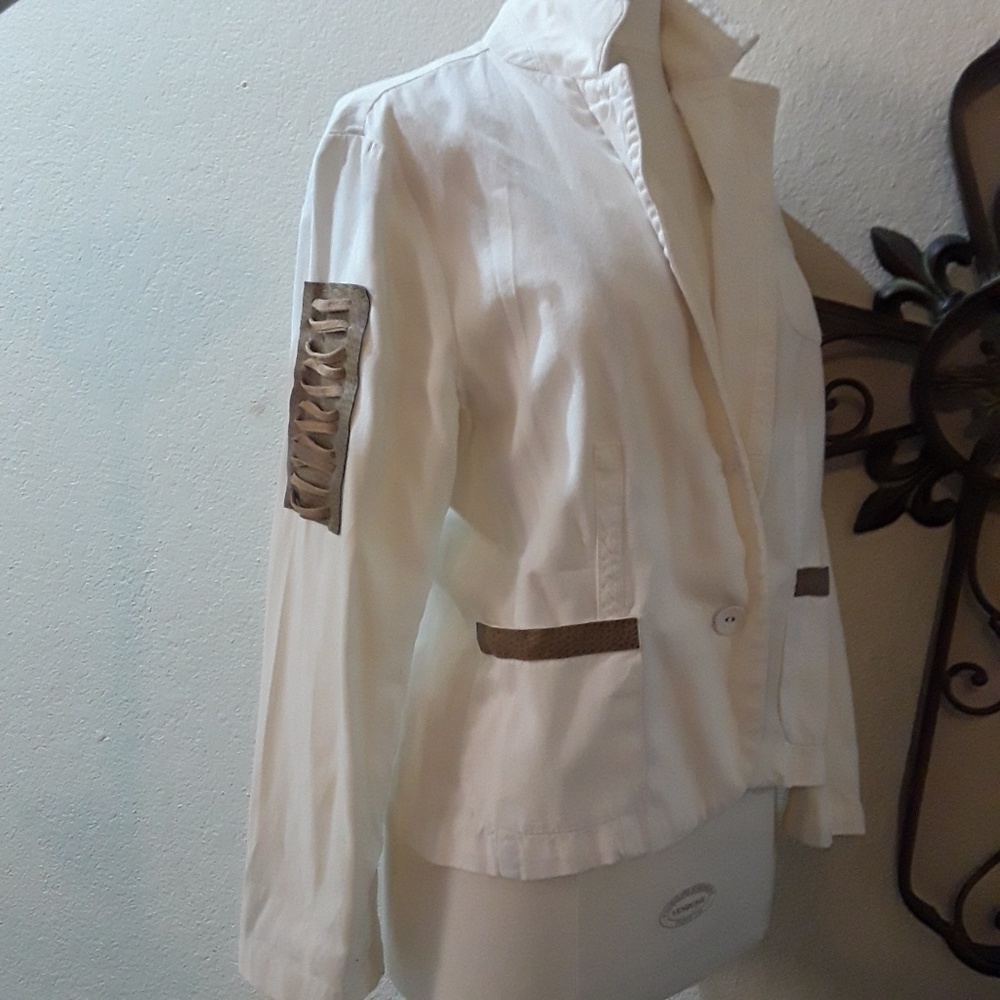 White jacket with Brown leather detailing