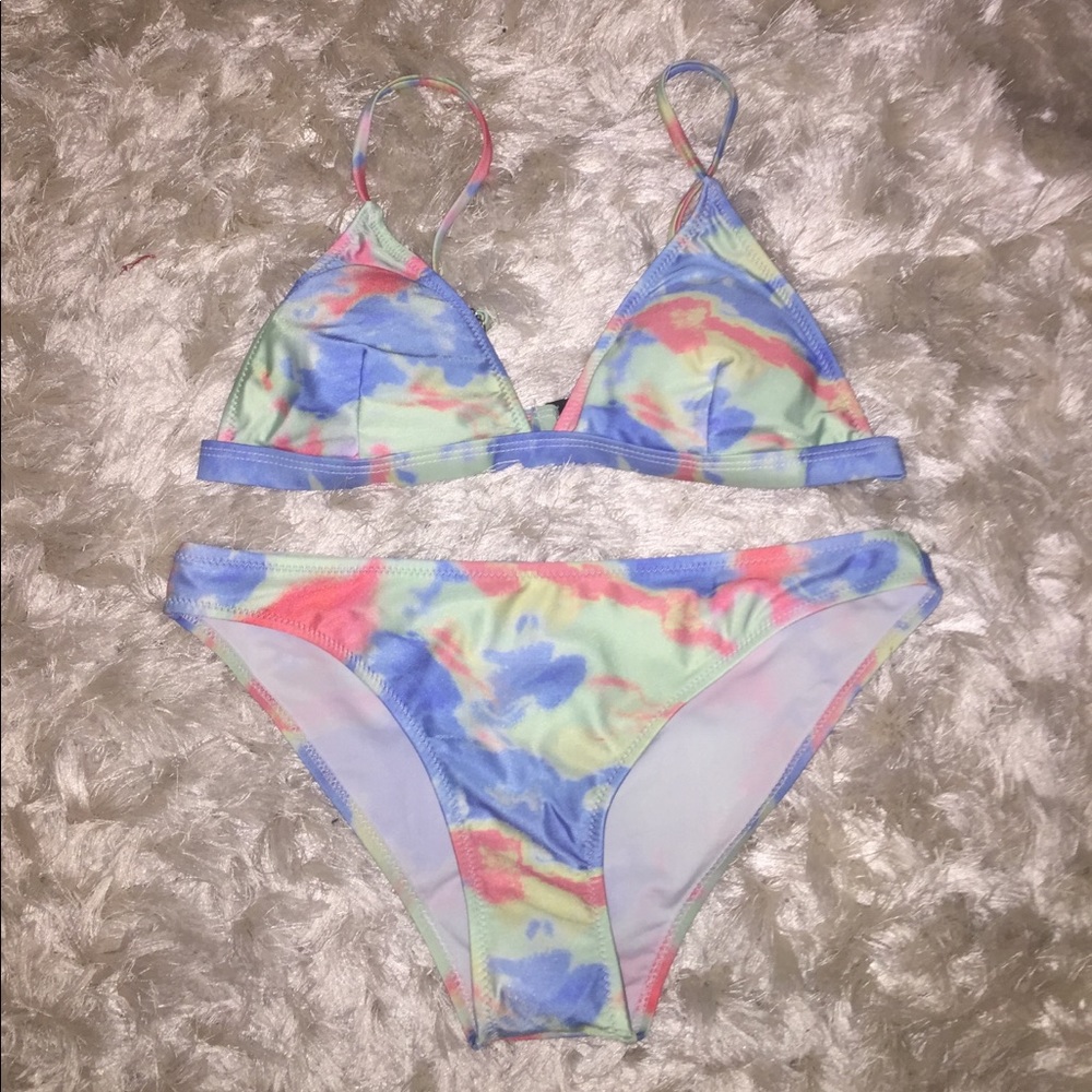 Blue, coral and green watercolor bikini