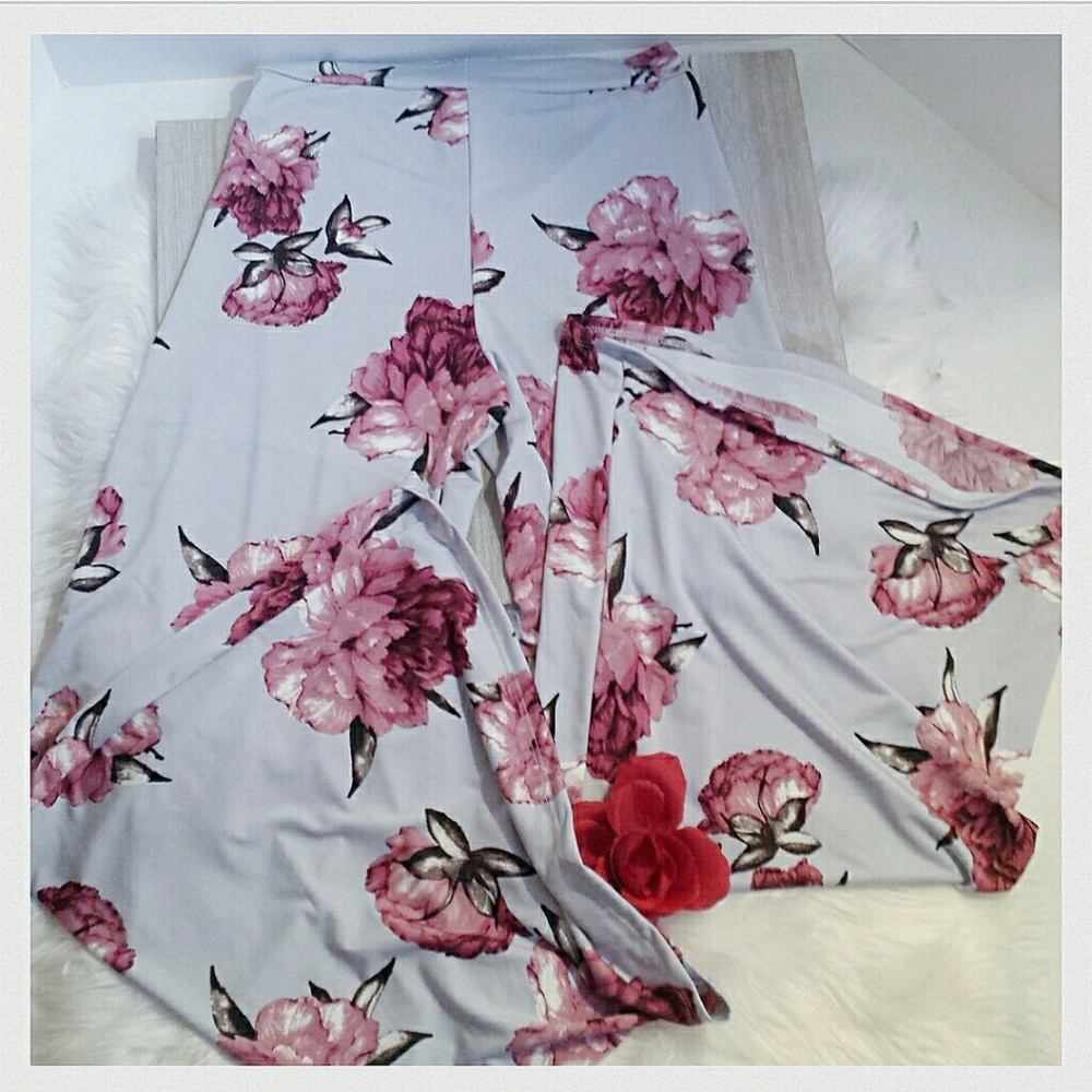 Grey Floral Wide Leg Boho pants - Picture 4 of 6