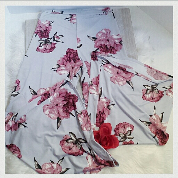 Grey Floral Wide Leg Boho pants - Picture 4 of 6