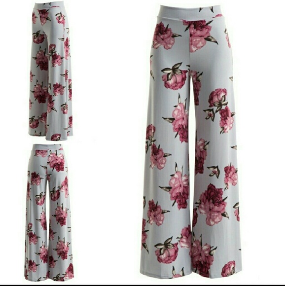 Grey Floral Wide Leg Boho pants - Picture 2 of 6