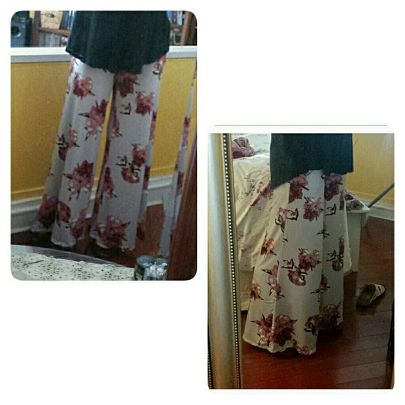 Grey Floral Wide Leg Boho pants - Picture 5 of 6