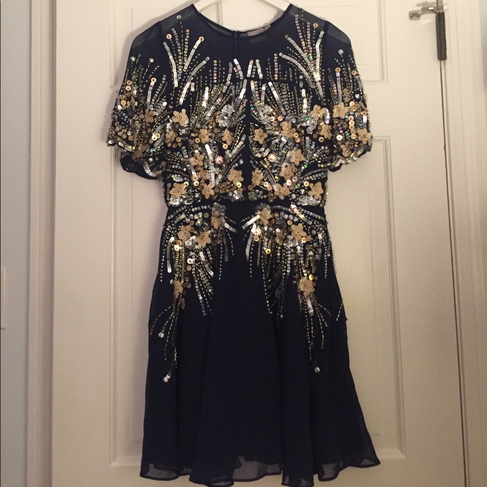 New ASOS Gold And Navy Sparkle Mesh Skater Dress
