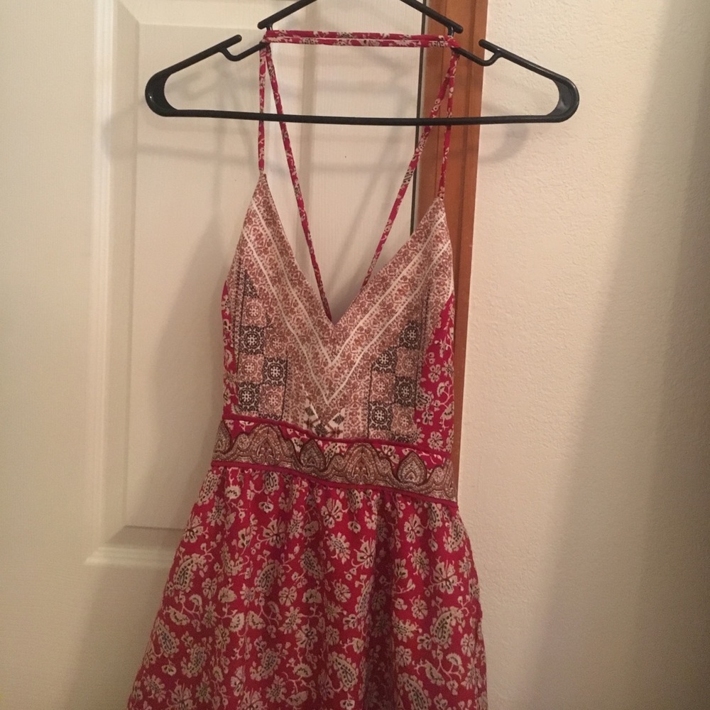Red floral maxi dress cross back