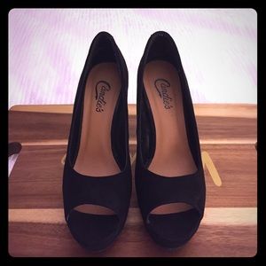 Open toe Black suede heels