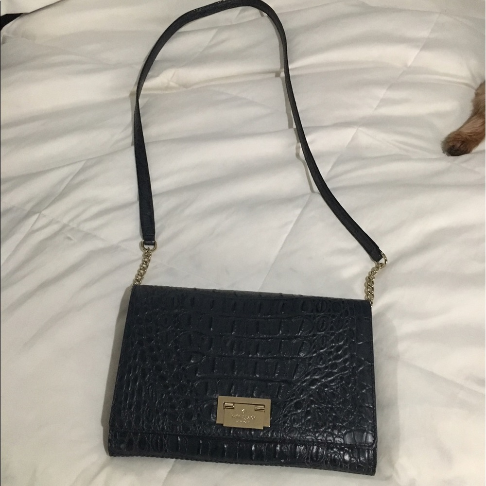 $298 Kate Spade Navy Dark Blue Croc embossed gold