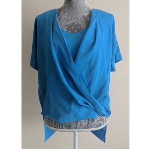 Blue BEBE "Wrap SS Top," M (NWT)