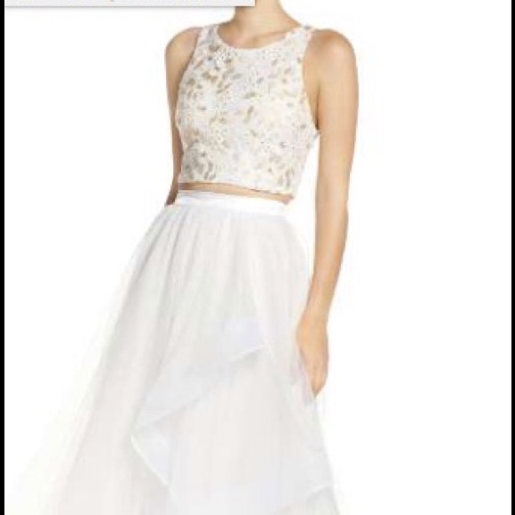 Embroidered Tulle Two Piece Gown - Picture 1 of 7