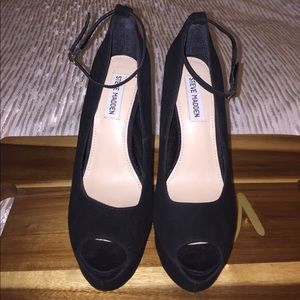 Steve Madden black suede peep toe heels.