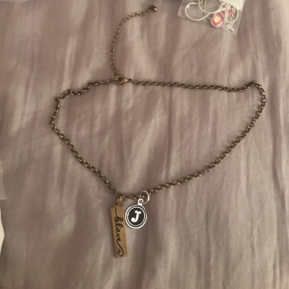 Gold "J" and "believe" charm necklace