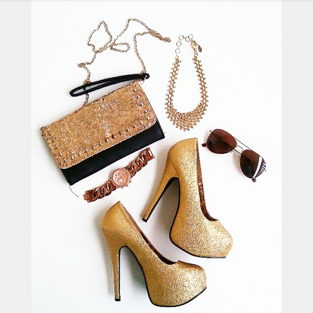 Gold Glitter Platform Shoes By Bordello