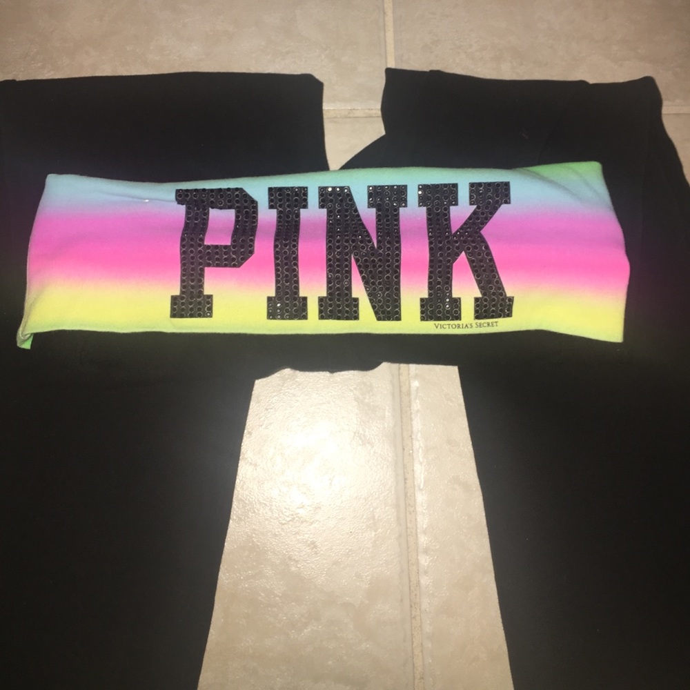 VS Pink Rainbow Yoga Capris w/ Black RStone Bling