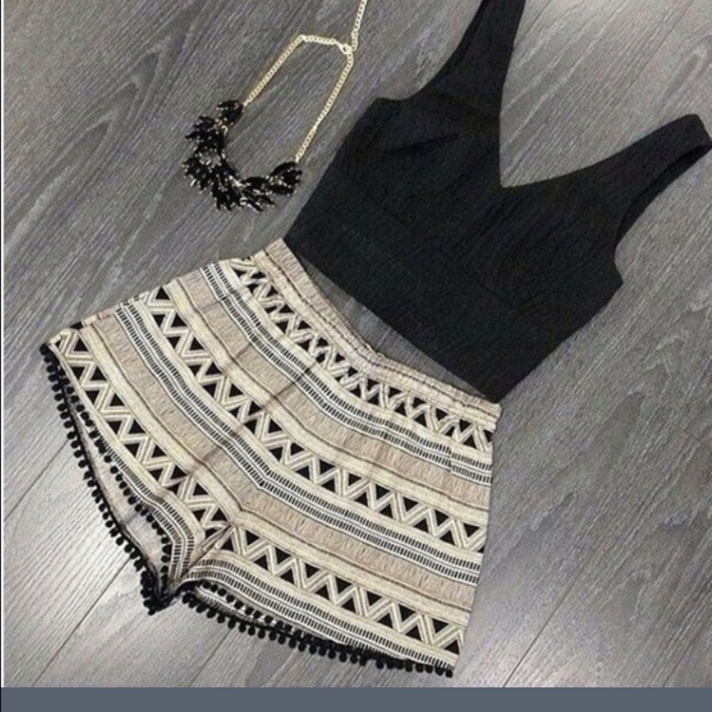 V-neck crop top and shorts.