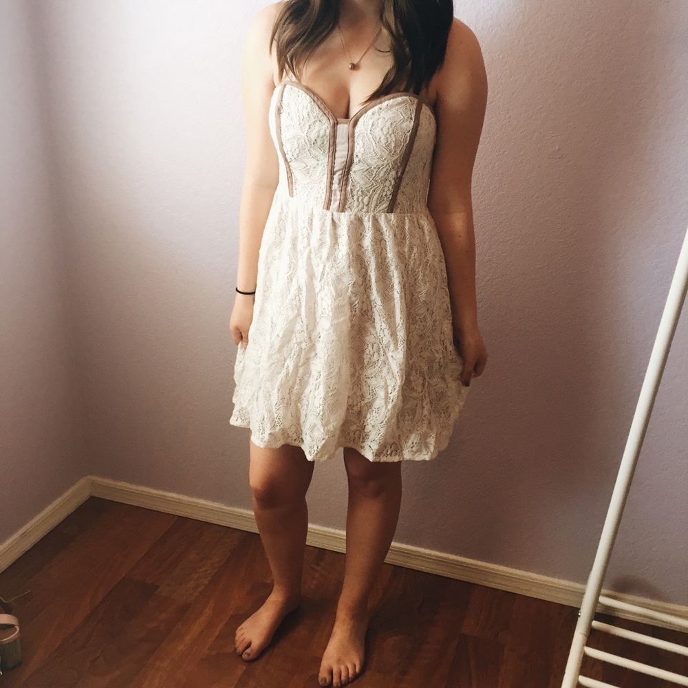 Strapless white lace dress