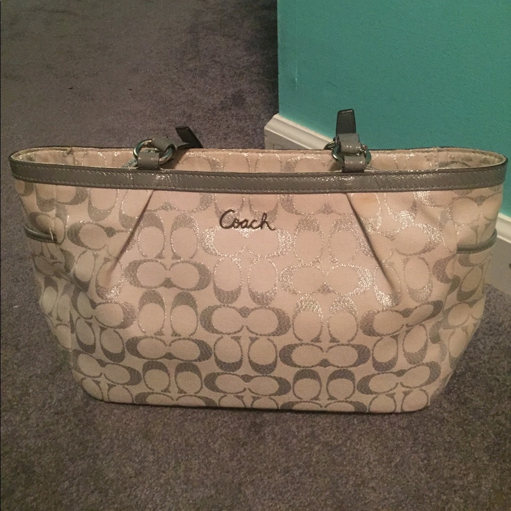 Off White and Silver Coach Handbag