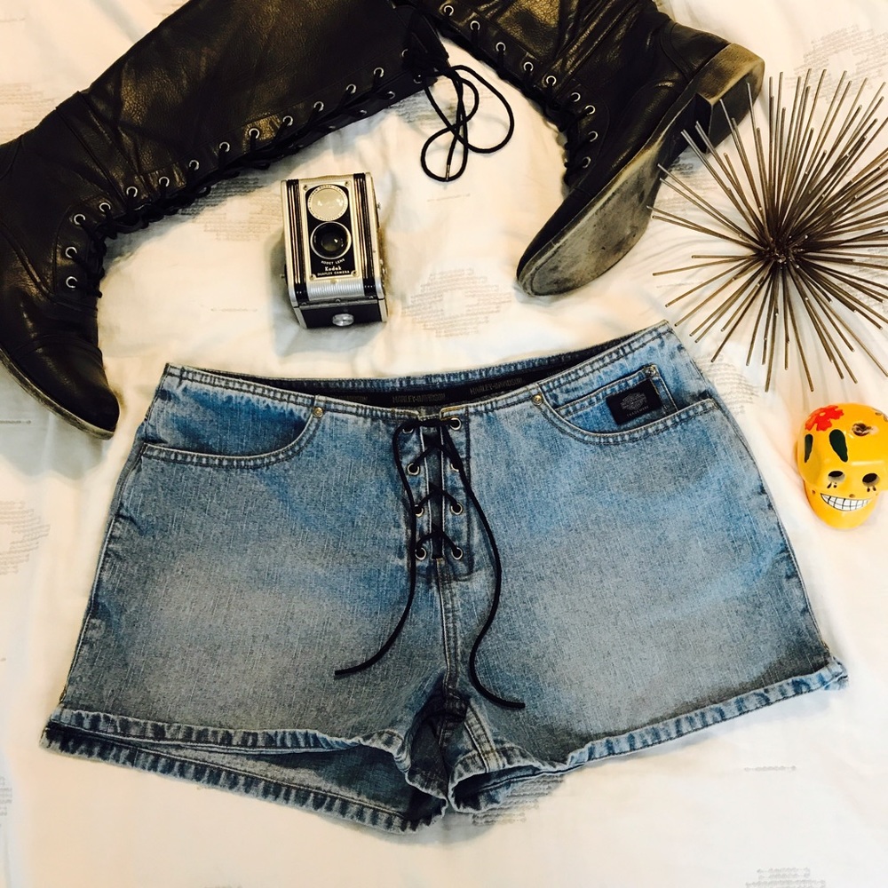 Vintage Harley-Davidson Lace Up Front Jean Shorts