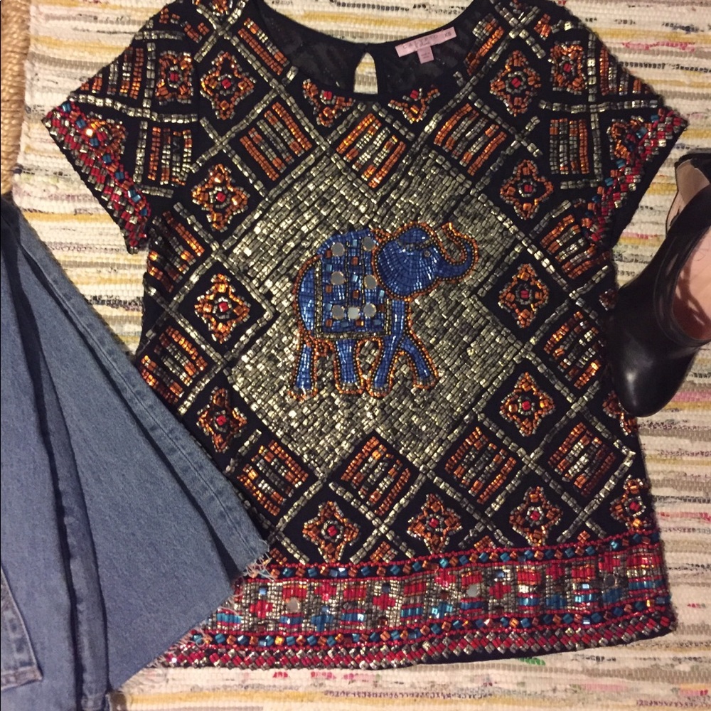 Calypso St. Barth Sequin Elephant Tee Holiday Top - image 1