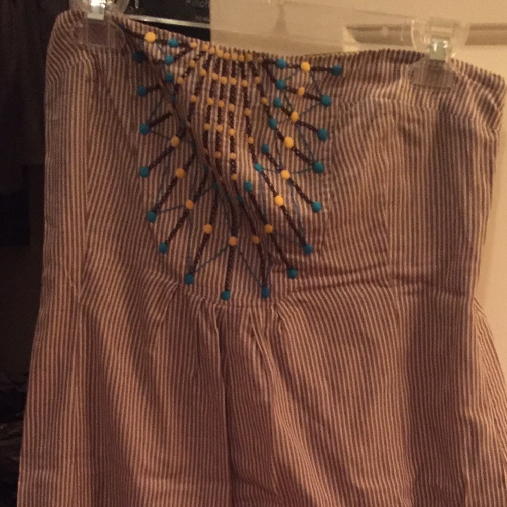 Brown/white striped strapless dress