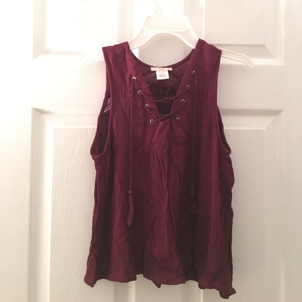 Maroon Lace Up Blouse with Tassles