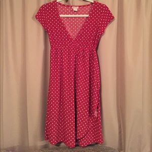 Red and white polkadot deep V-neck dress