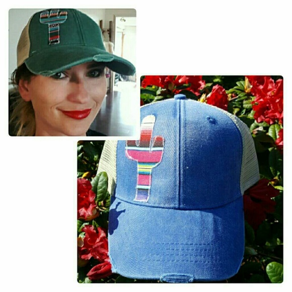 Boho Distressed Womens Trucker Hat Serape Cactus - Picture 2 of 4