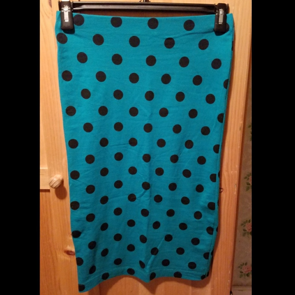 Teal and black polka dot midi skirt