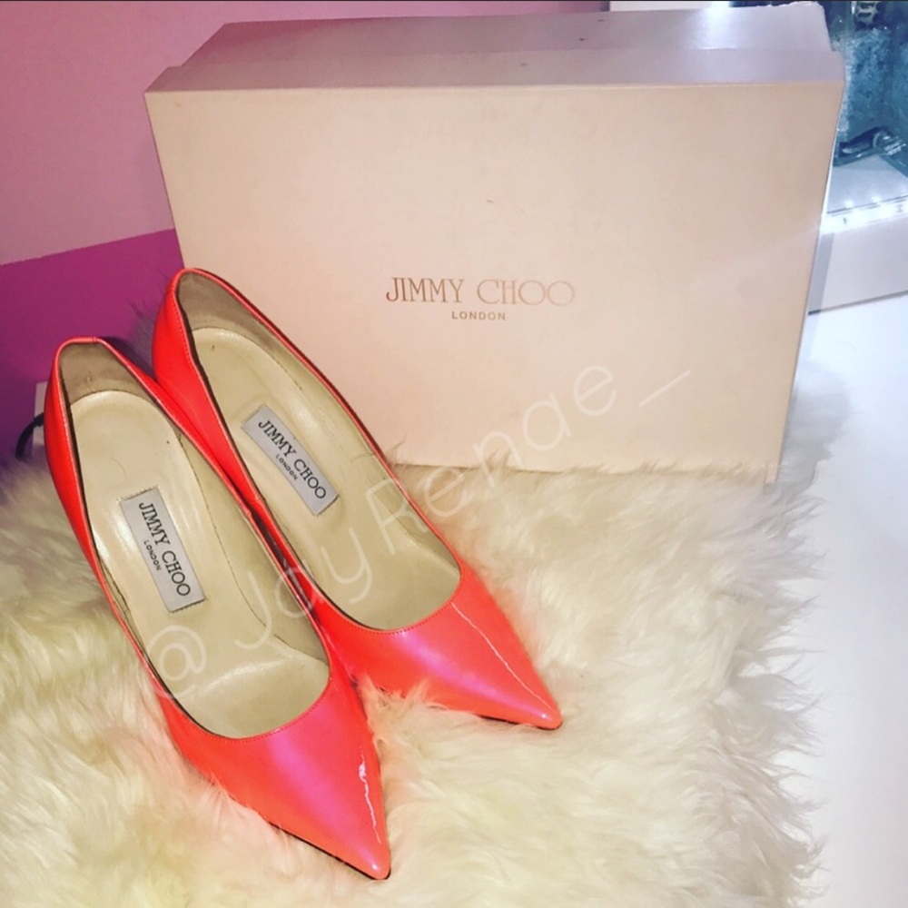 Jimmy Choo- Abel Patent Leather Pumps "Neon Flame