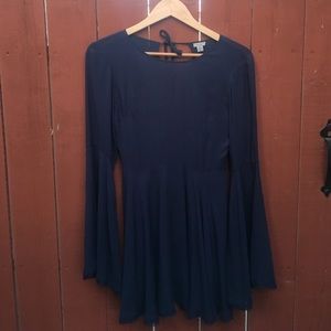 Fit and flare blue dress with bell sleeves
