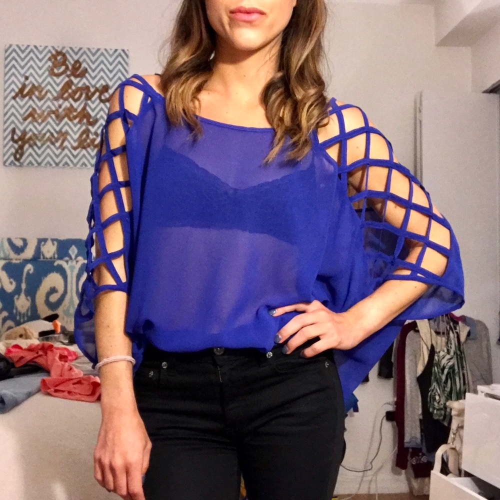 Royal Blue Sheer Caged Sleeve Top - LF Millau