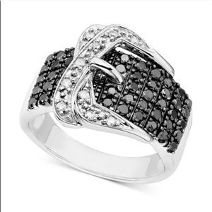 Sterling Silver, Black & White Diamond Buckle Ring