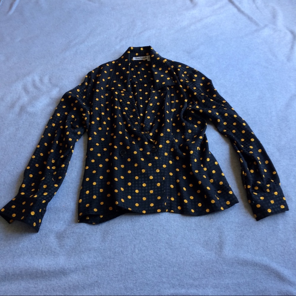 Anne Klein Blouse Black Gold Dots Button Faux Wrap