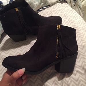 black faux suede fringe booties