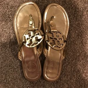 Tory Burch Miller Patent Leather Sandals in Gold