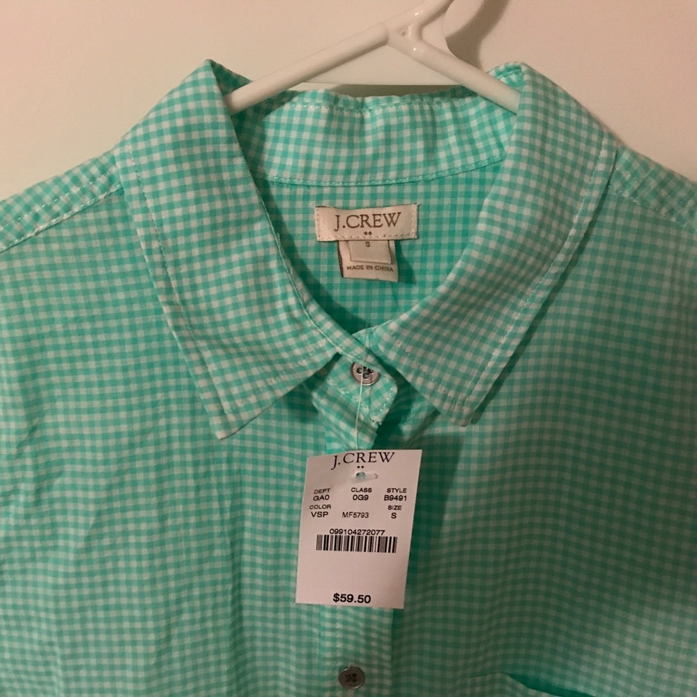 NWT J Crew Sea Foam Green Gingham Button Up