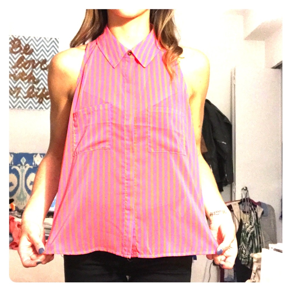 Bright pink/orange striped button down NWT