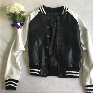 Black and white leather Bomber Jacket