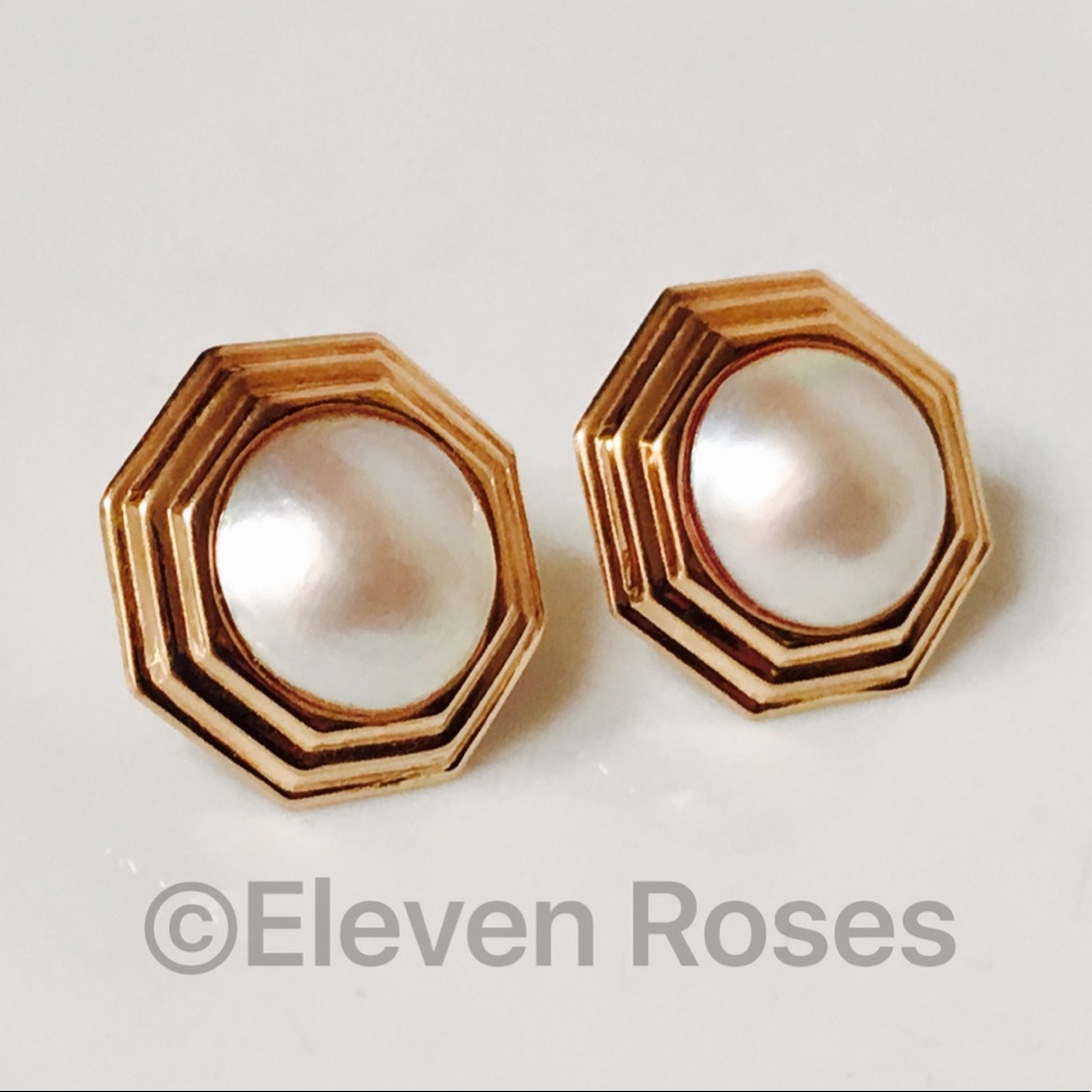 Large 14k Gold Octagon Pearl Statement Earrings - Picture 2 of 6