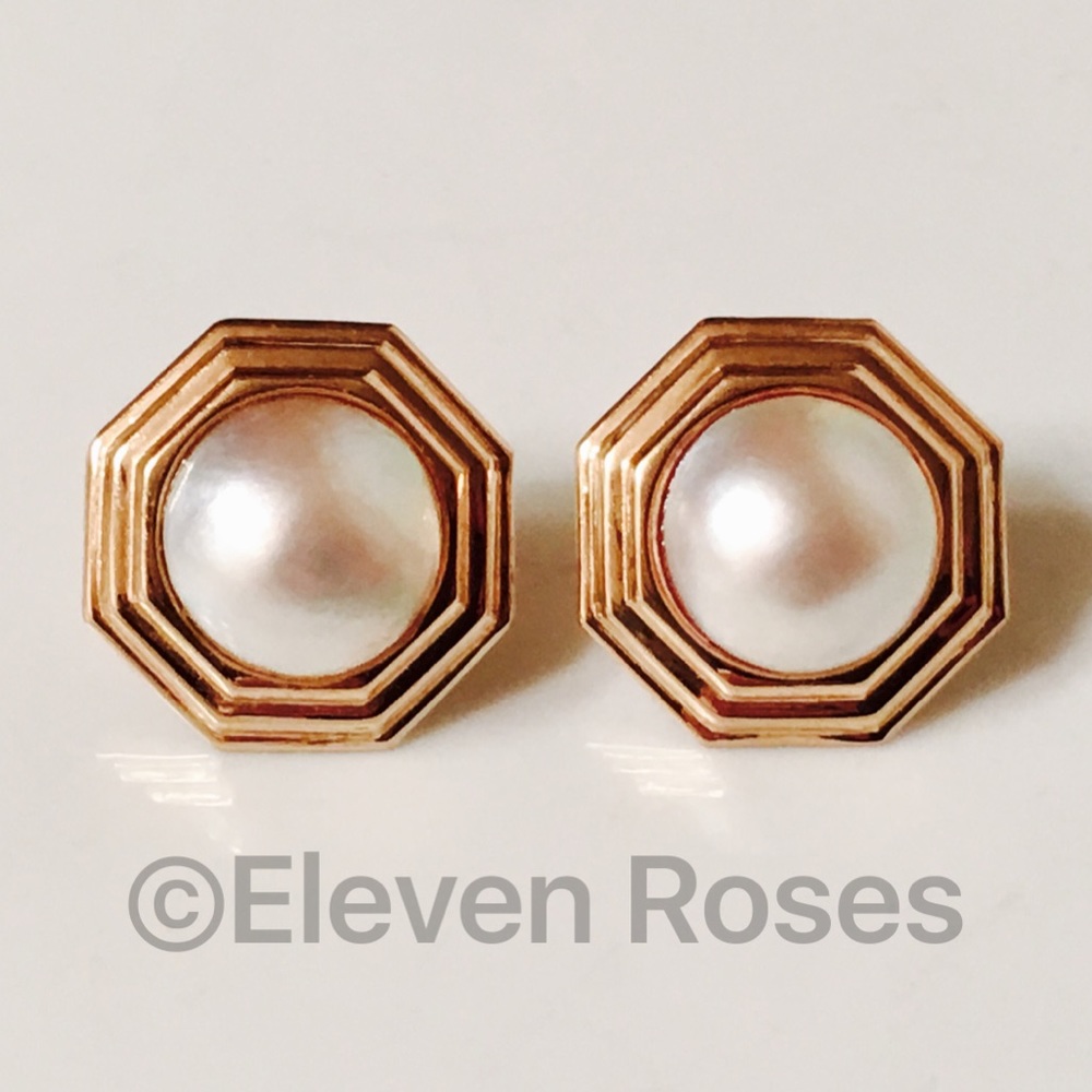 Large 14k Gold Octagon Pearl Statement Earrings - Picture 6 of 6