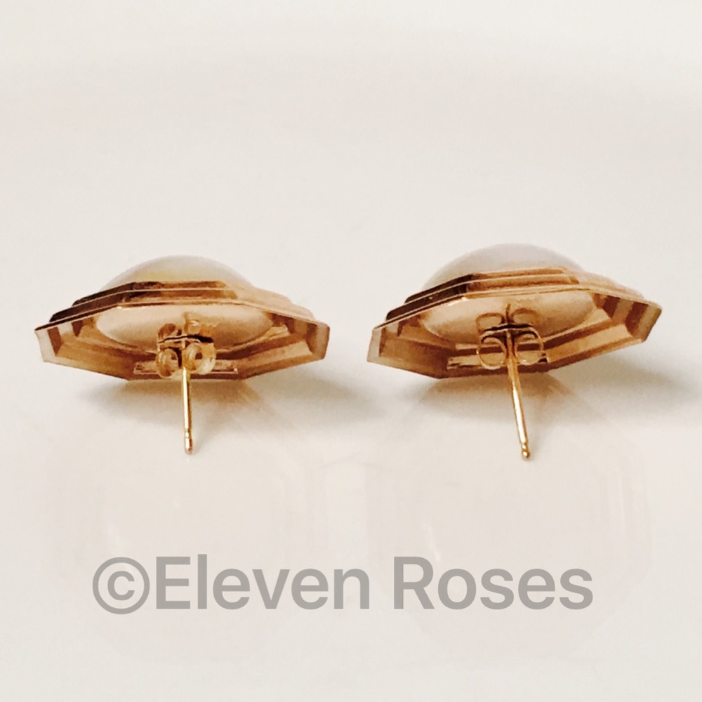 Large 14k Gold Octagon Pearl Statement Earrings - Picture 3 of 6