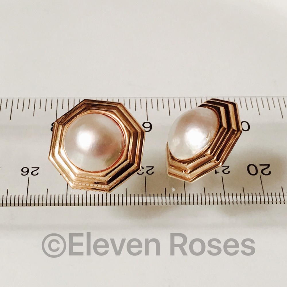 Large 14k Gold Octagon Pearl Statement Earrings - Picture 5 of 6
