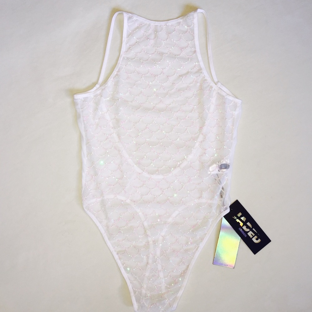 NWT•White Mesh Mermaid Sequined Bodysuit