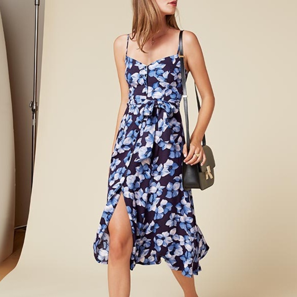 Floral button up spaghetti strap dress w/ tie
