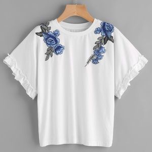 SheIn Frill Sleeve Embroidered Tee