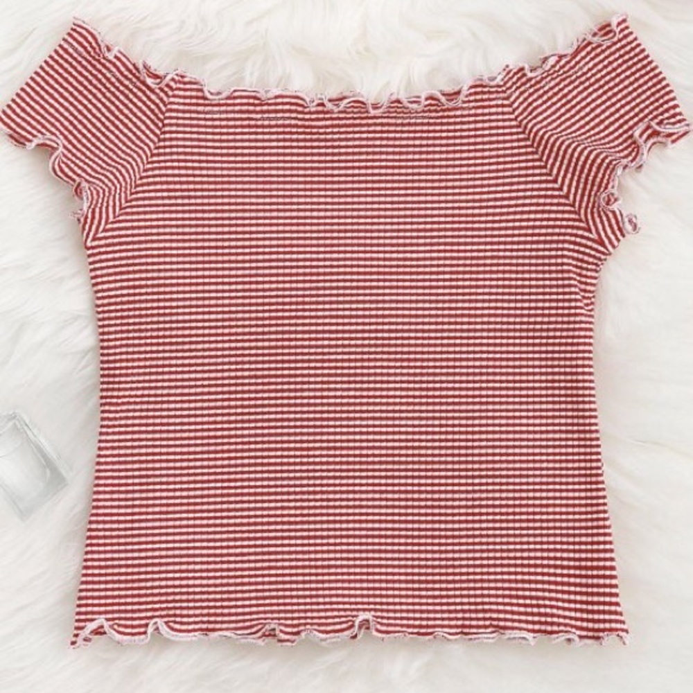 Red and White Off-The-Shoulder Shirt